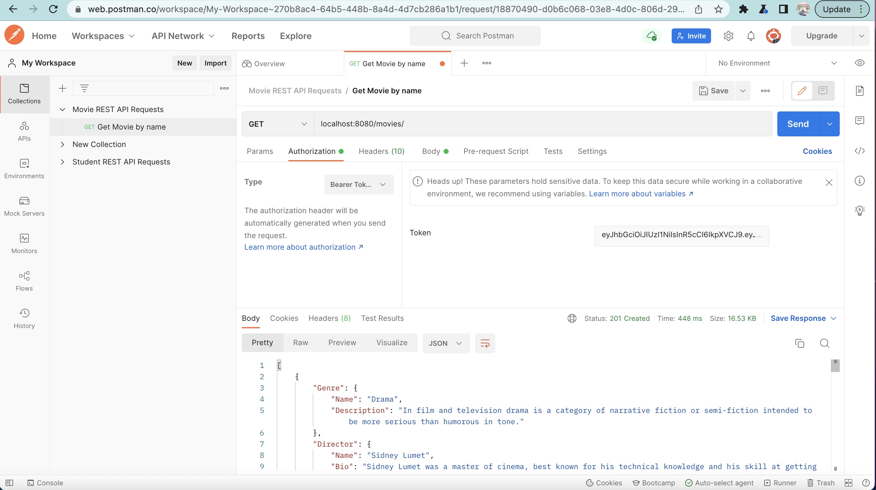 screenshot of authorized postman test