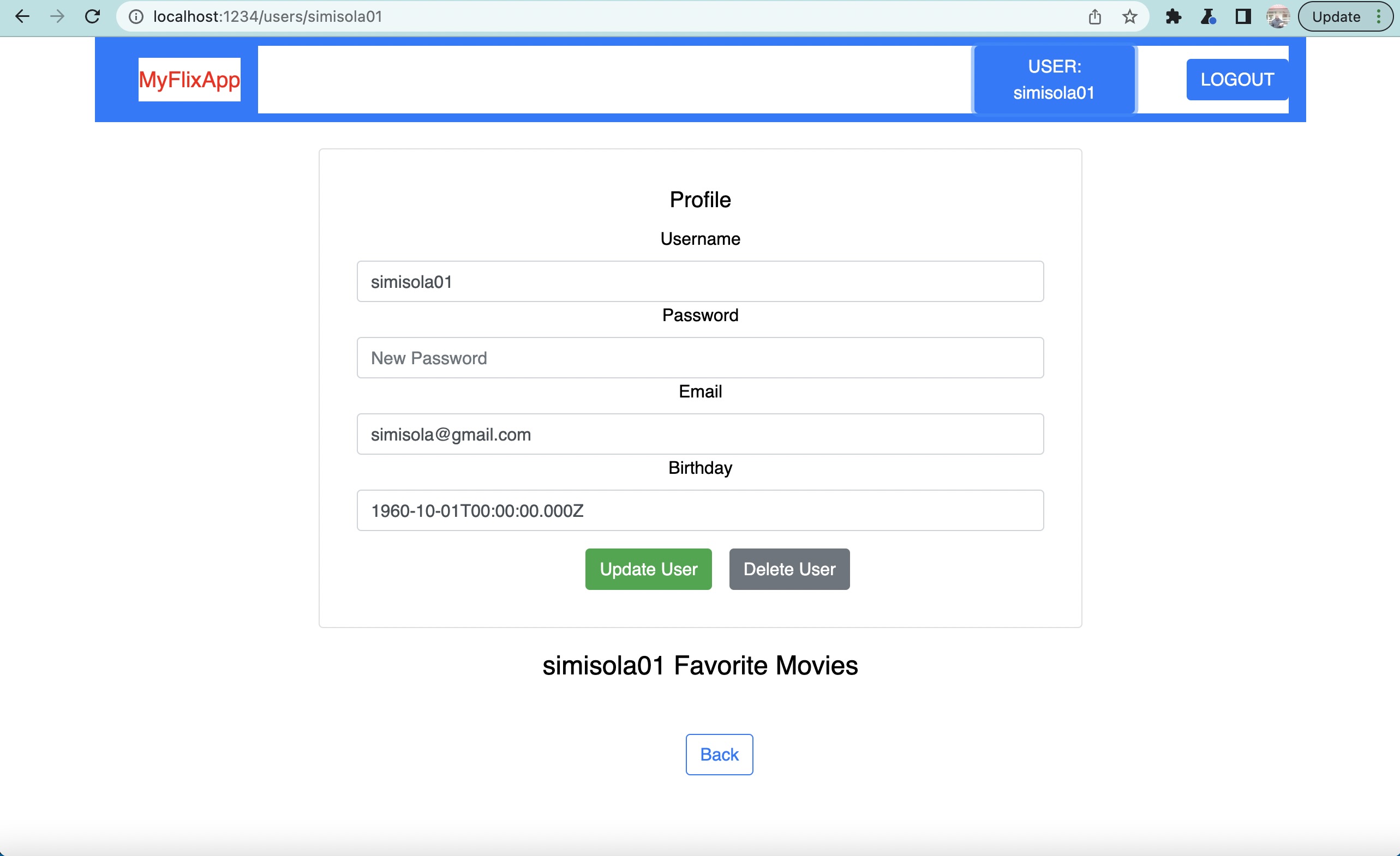 screenshot of profile view