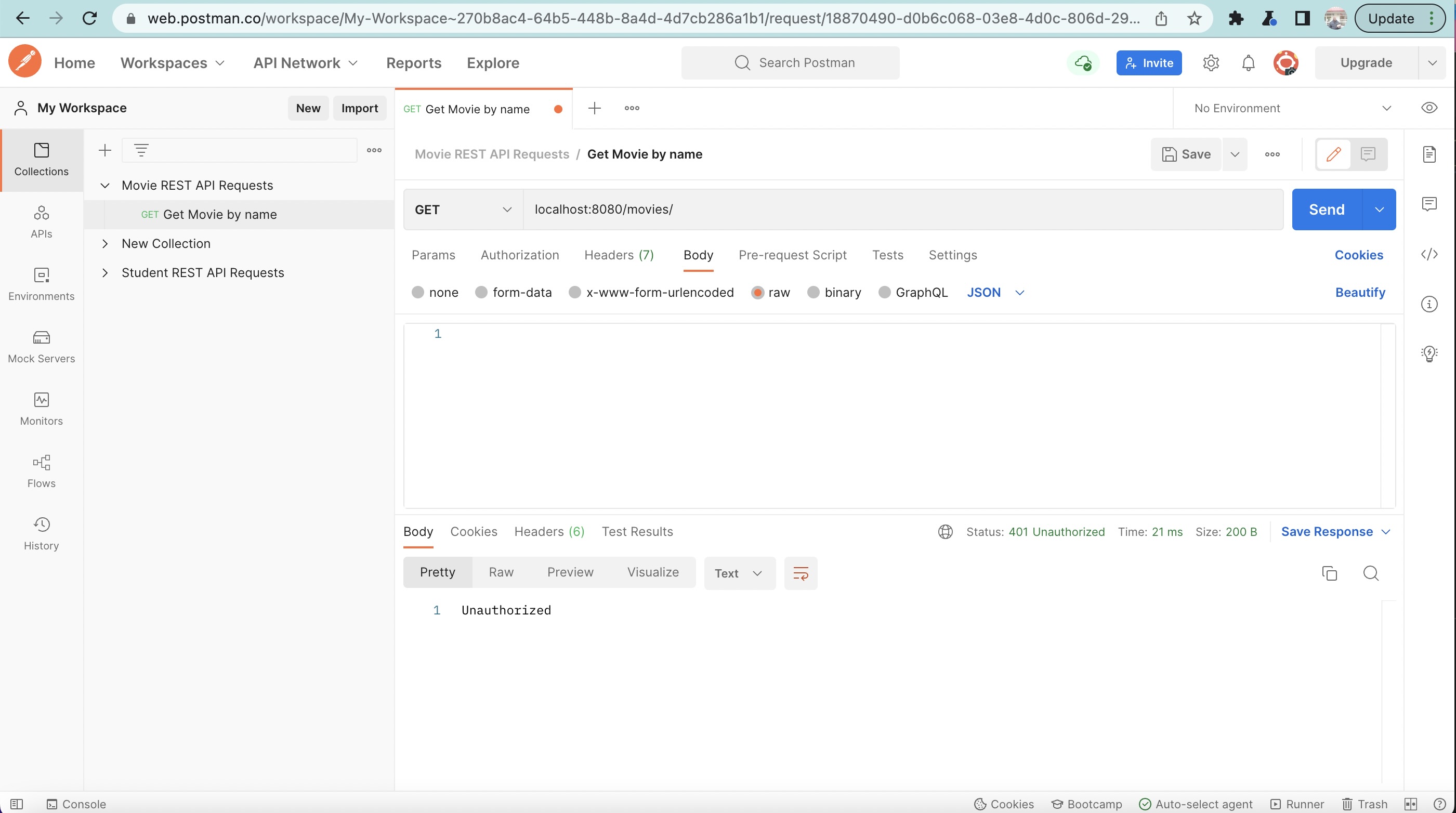 screenshot of unautohrized postman test